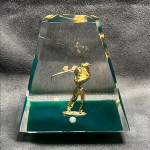 Golf Vintage Lucite Gold-Plated Metal Golf Figurine Paperweight.